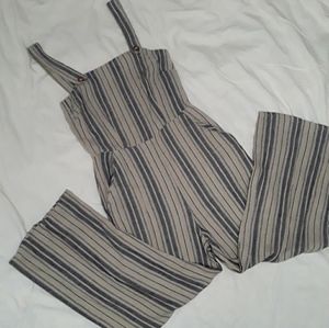 Linen Khaki & Navy Striped Romper